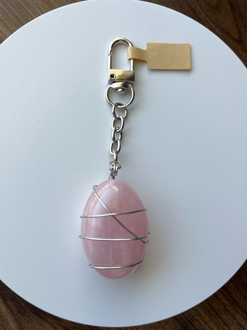 Rose Quartz Oval Wire-Wrapped Bag Charm Stainless Steel